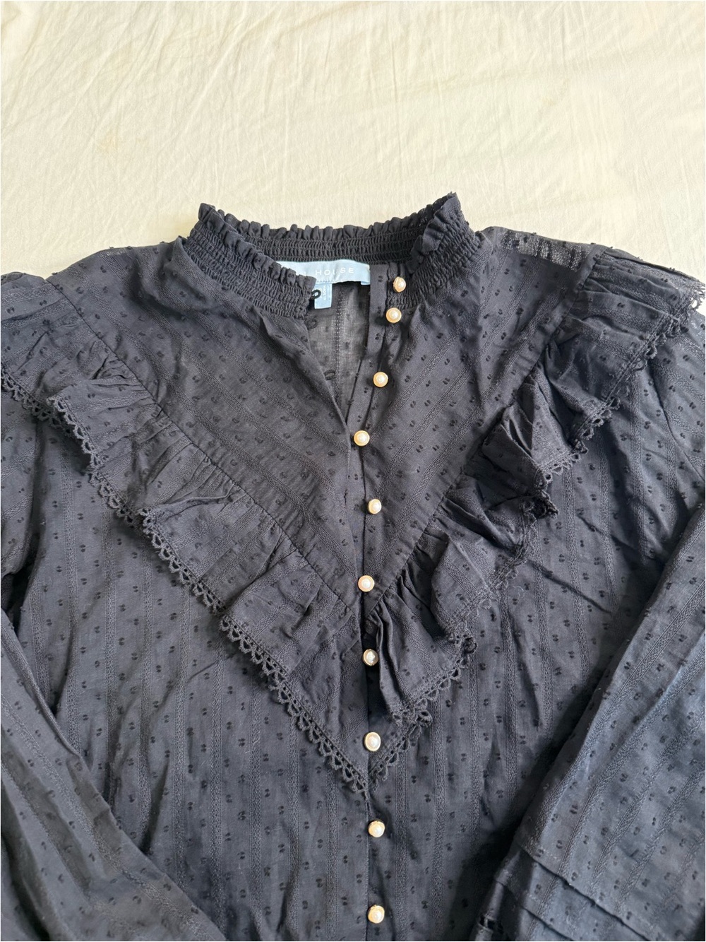 Black Ruffle Button-Front Women's Blouse - Picture 2 of 5